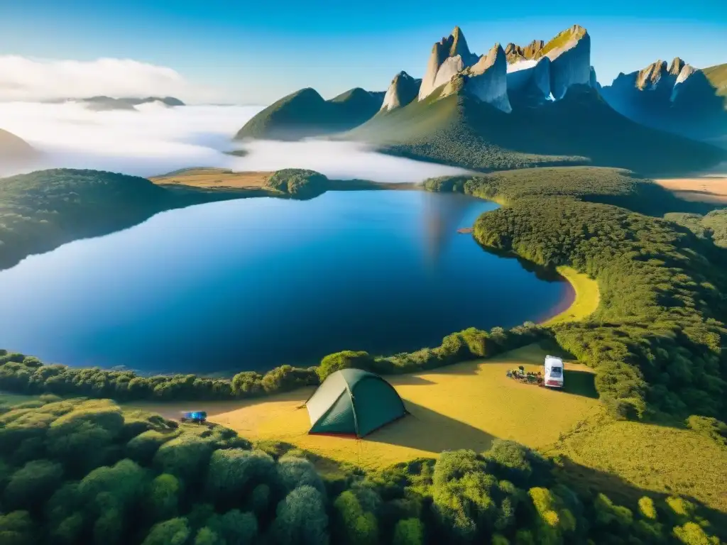 Grupo de aventureros montando campamento en el hermoso paisaje de Uruguay, destacando las mejores marcas de ropa técnica para camping