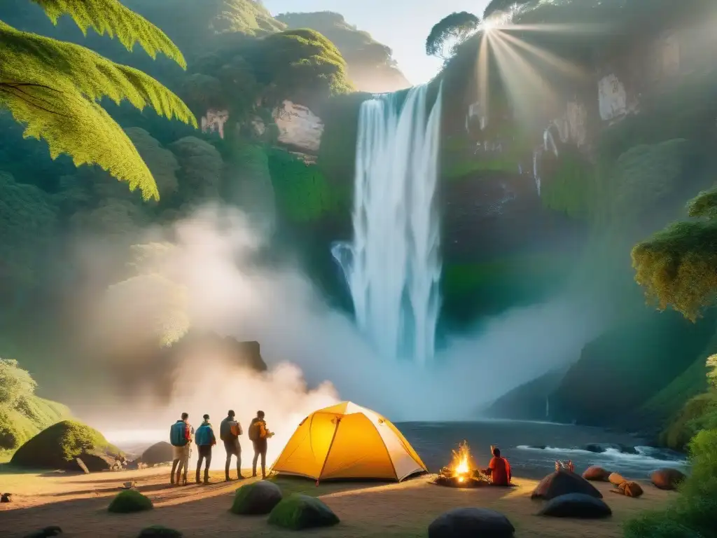 Grupo de aventureros montando campamento junto a majestuosa cascada en Uruguay