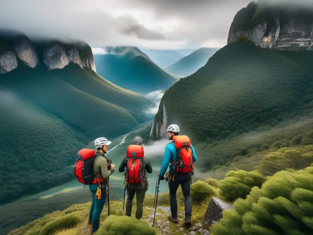 Un grupo de aventureros preparándose con equipo de alta calidad para una emocionante expedición en Uruguay