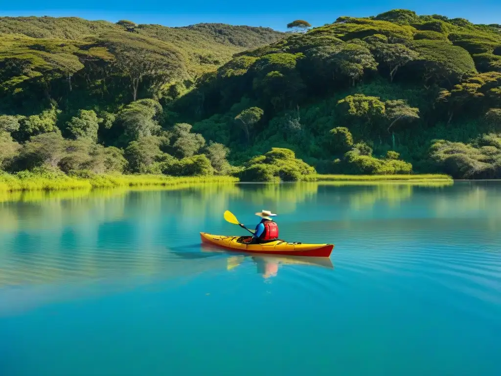 Un grupo de aventureros rema en kayaks por la impresionante Laguna Garzón en Uruguay, rodeados de naturaleza exuberante