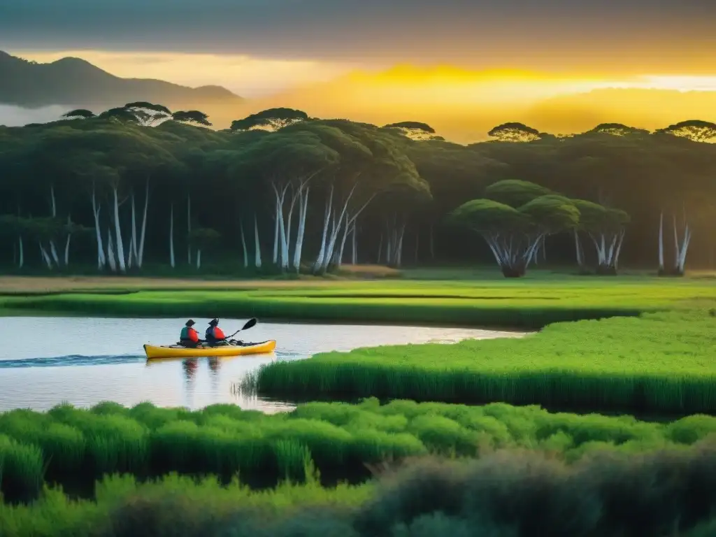 Un grupo de aventureros remando en kayak al atardecer en los Esteros de Farrapos en Uruguay