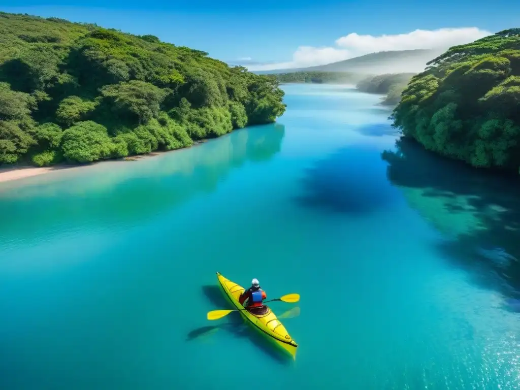 Grupo de aventureros remando en kayaks en Laguna Garzón, Uruguay