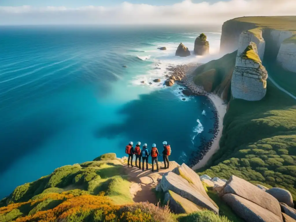 Grupo de aventureros listos para deportes extremos en Uruguay, en un acantilado con vista al mar