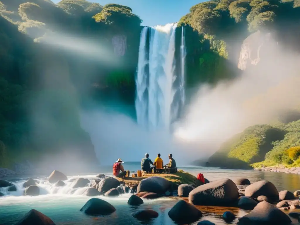 Grupo de aventureros acampando bajo majestuosa cascada en Uruguay