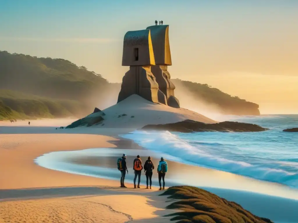 Grupo de aventureros maravillados por la icónica escultura Los Dedos en Playa Brava, Uruguay