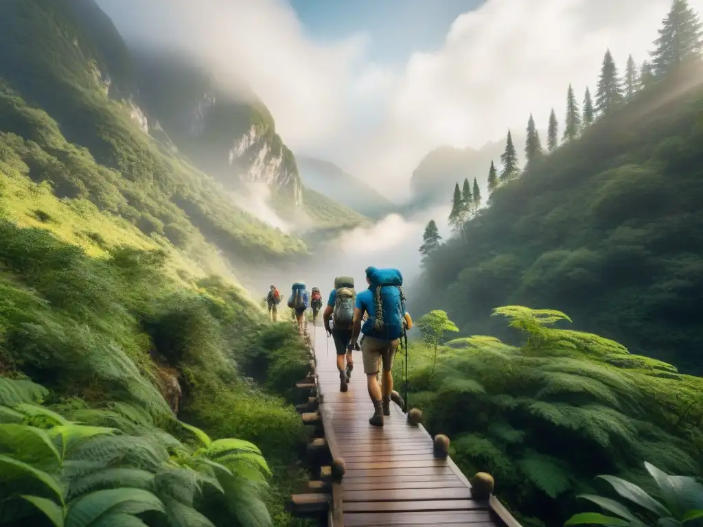 Un grupo de aventureros cruzando un puente de madera en un bosque neblinoso con mochilas técnicas para aventureros