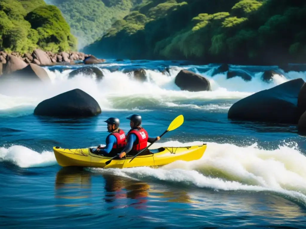 Grupo de aventureros kayak en rápidos del Río Negro, Uruguay, mostrando emoción y determinación