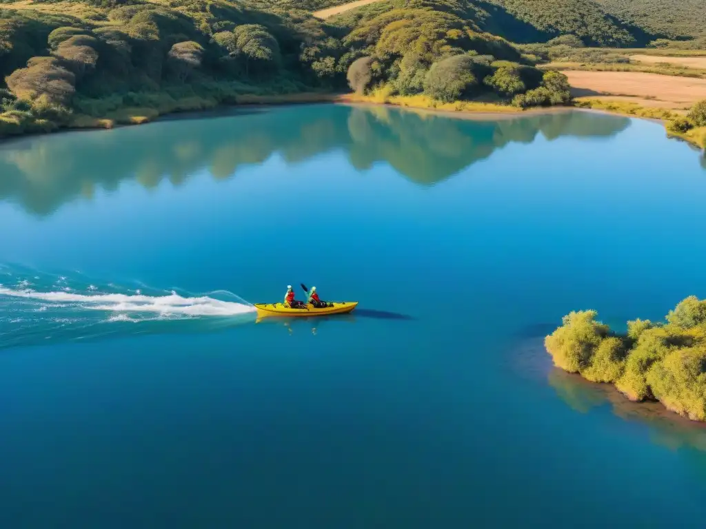 Grupo de aventureros en kayaks explorando el Río de la Plata en Uruguay