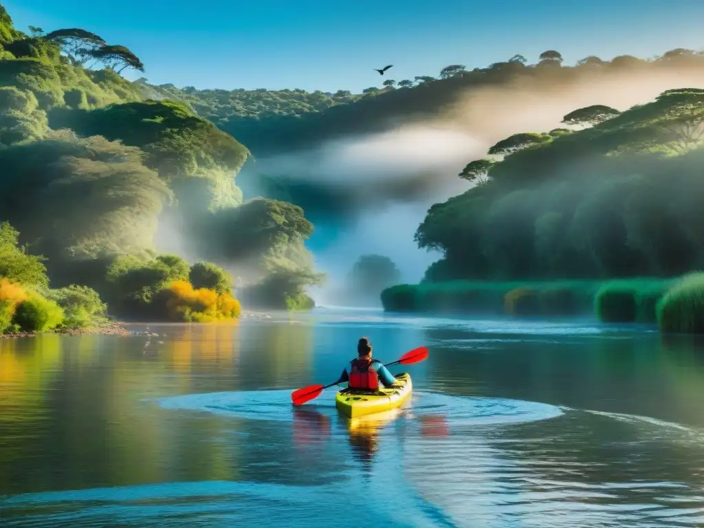 Un grupo de aventureros remando en kayak por un río en Uruguay, rodeados de naturaleza exuberante y aves coloridas