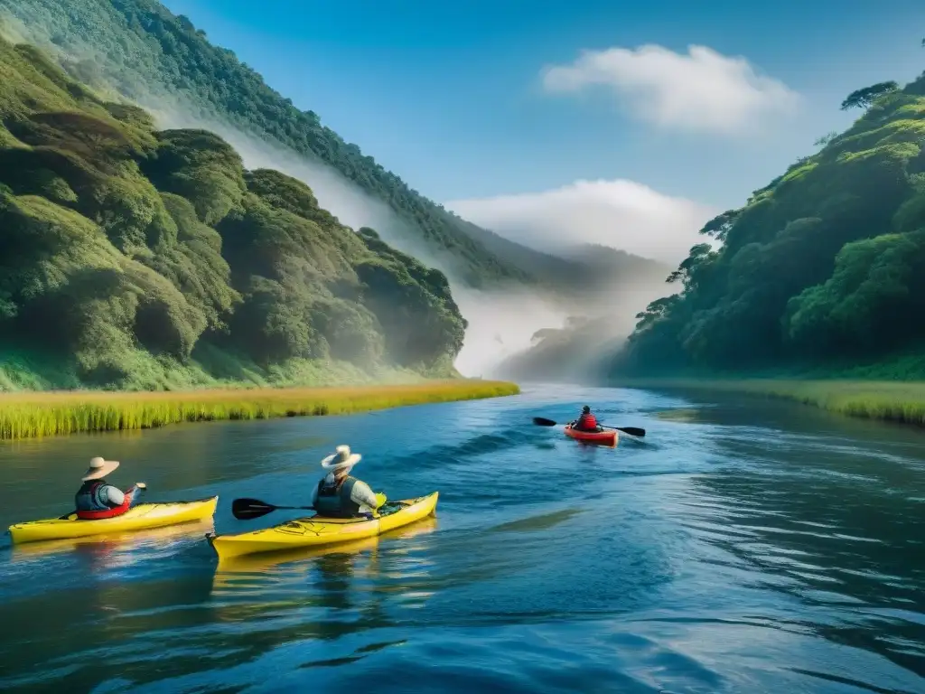 Un grupo de aventureros en kayak y senderismo explorando el Río Negro en Uruguay