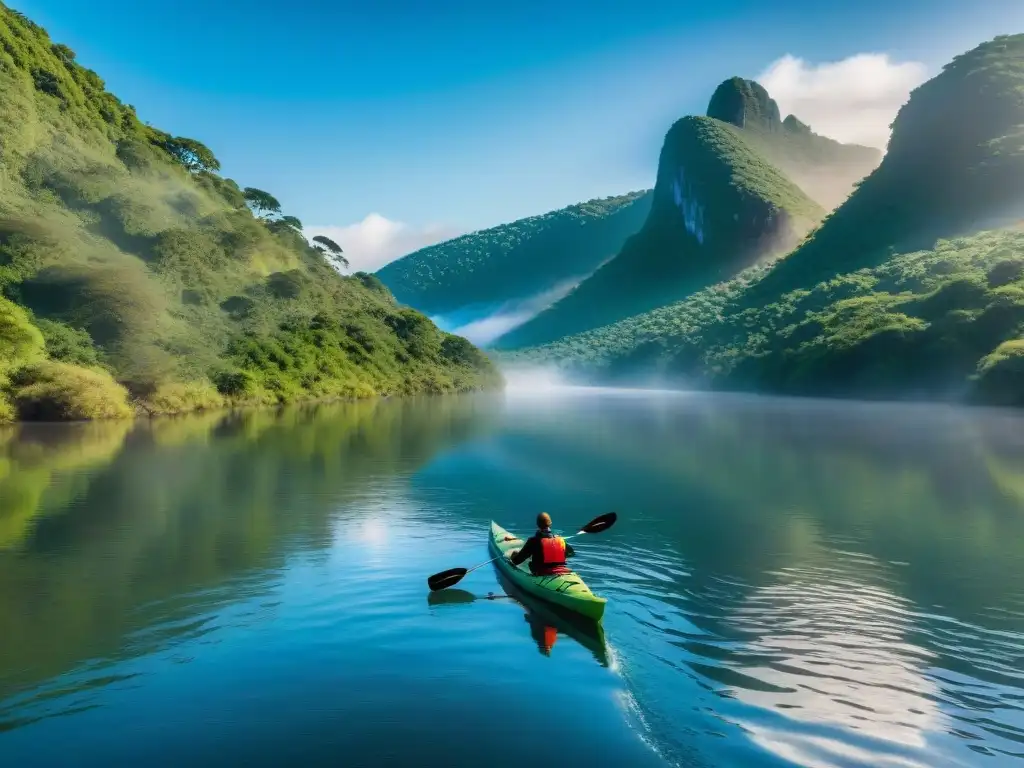 Grupo de aventureros remando en el sereno Río Negro, reflejando la belleza de Uruguay