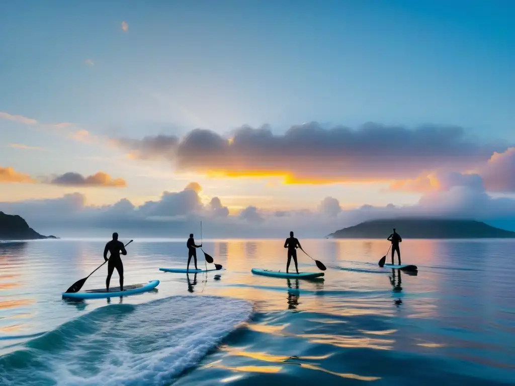 Un grupo de aventureros en wetsuits practicando surf de remo en un amanecer sereno en la costa