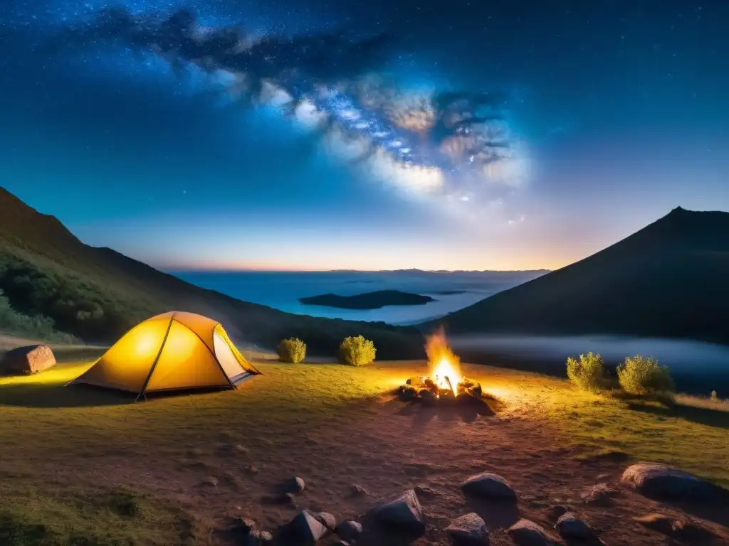 Un grupo de aventureros monta tiendas de campaña bajo un cielo estrellado en Uruguay