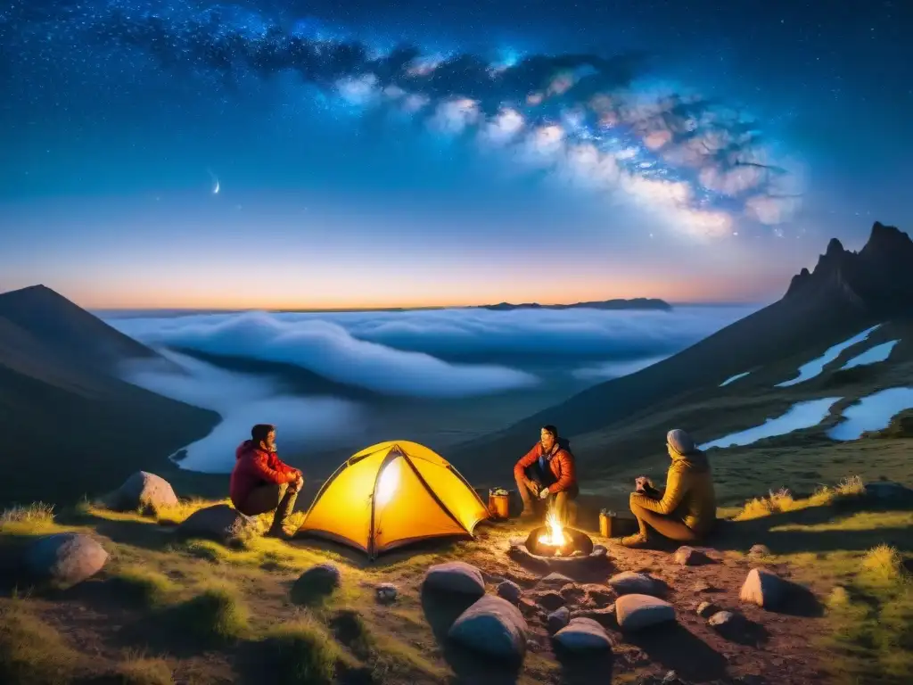 Grupo de aventureros montando tiendas de colores bajo el cielo estrellado en un campamento remoto en Uruguay