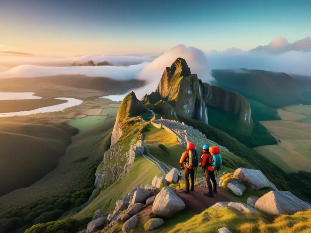 Grupo de aventureros uruguayos en equipo de alta calidad en un acantilado, disfrutando el atardecer en un paisaje verde