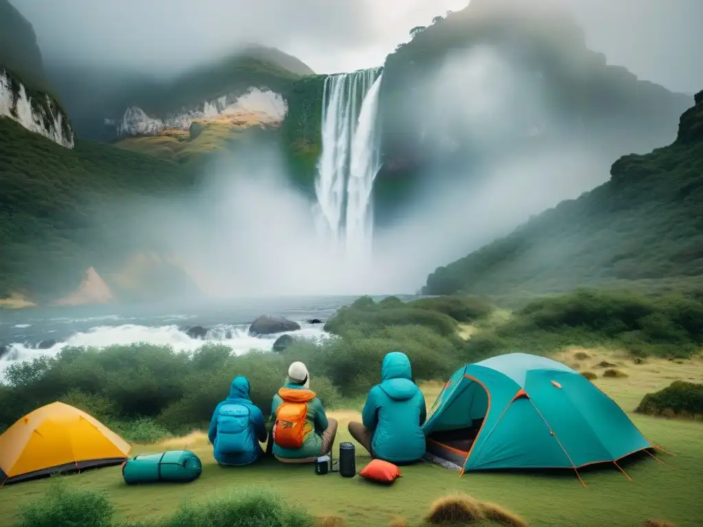 Grupo de aventureros uruguayos con ropa de camping resistente a la intemperie, montando campamento cerca de una cascada