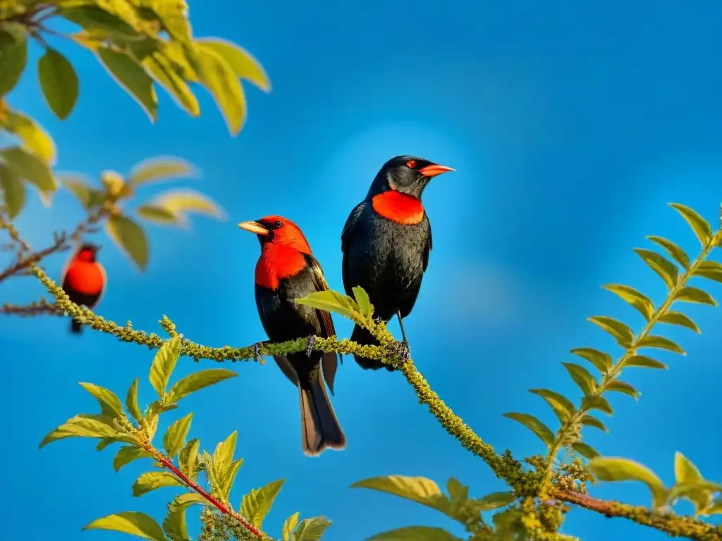 Un grupo de Aves tradicionales Uruguay posadas en una rama verde, destacando sus plumajes y cabezas rojas brillantes