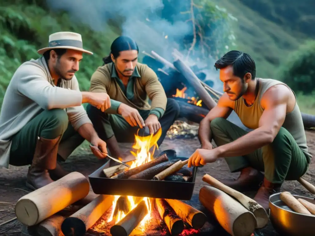 Grupo de bushcrafters en Uruguay preparando una receta tradicional en un campamento, rodeados de naturaleza exuberante