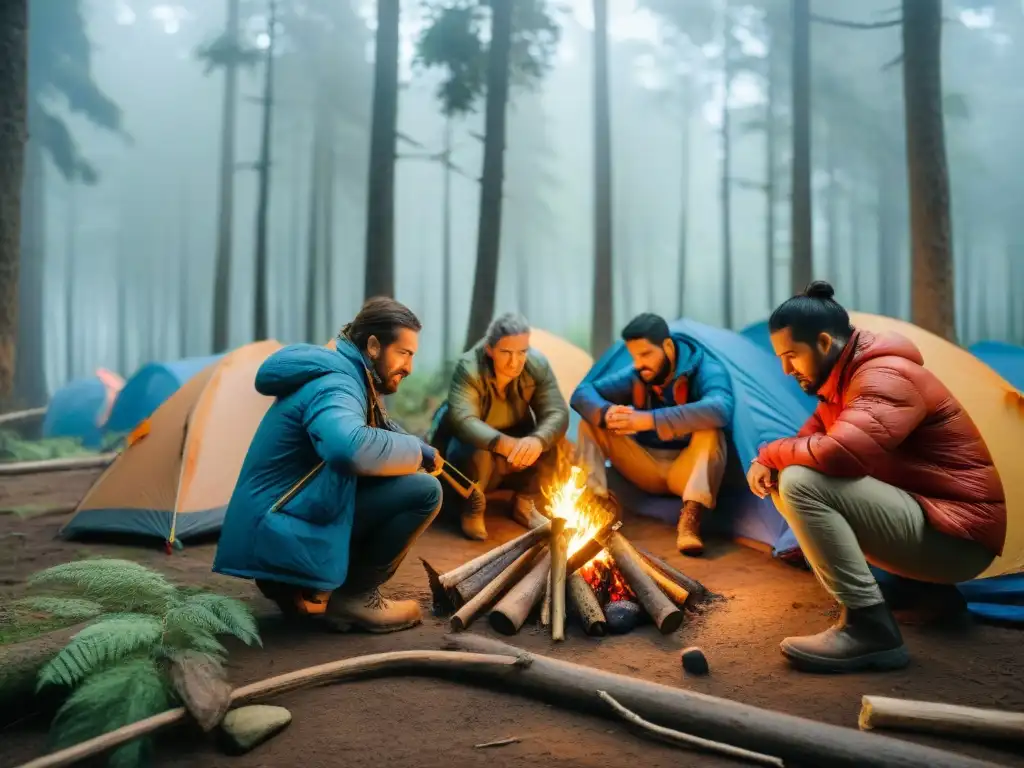 Grupo en camping en Uruguay, construyendo refugio y enviando señales de socorro con banderas y SOS en rocas