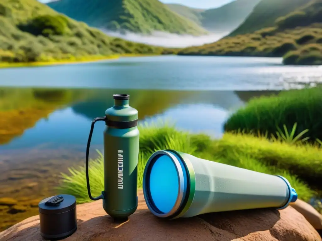 Un grupo de campistas filtrando agua en un lago de Uruguay con filtros de agua portátiles, rodeados de exuberante vegetación