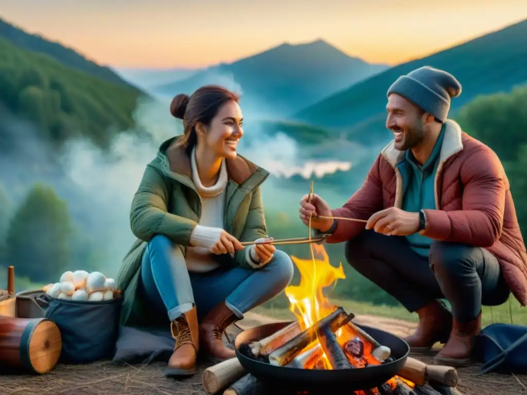 Grupo de campistas cocinando alimentos sin utensilios en camping alrededor de fogata al atardecer