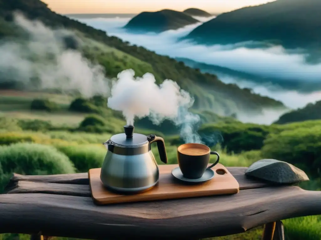 Grupo de campistas disfrutando del amanecer alrededor de una fogata en Uruguay con cafetera portátil y café recién hecho