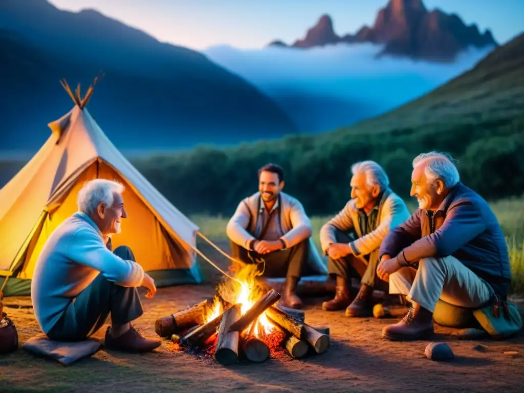 Grupo de campistas ancianos compartiendo historias alrededor de fogata en la penumbra