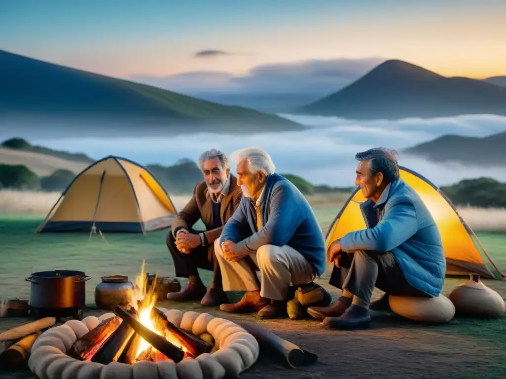 Grupo de campistas ancianos compartiendo historias alrededor de la fogata en Uruguay, reflejando la cultura del camping en Uruguay