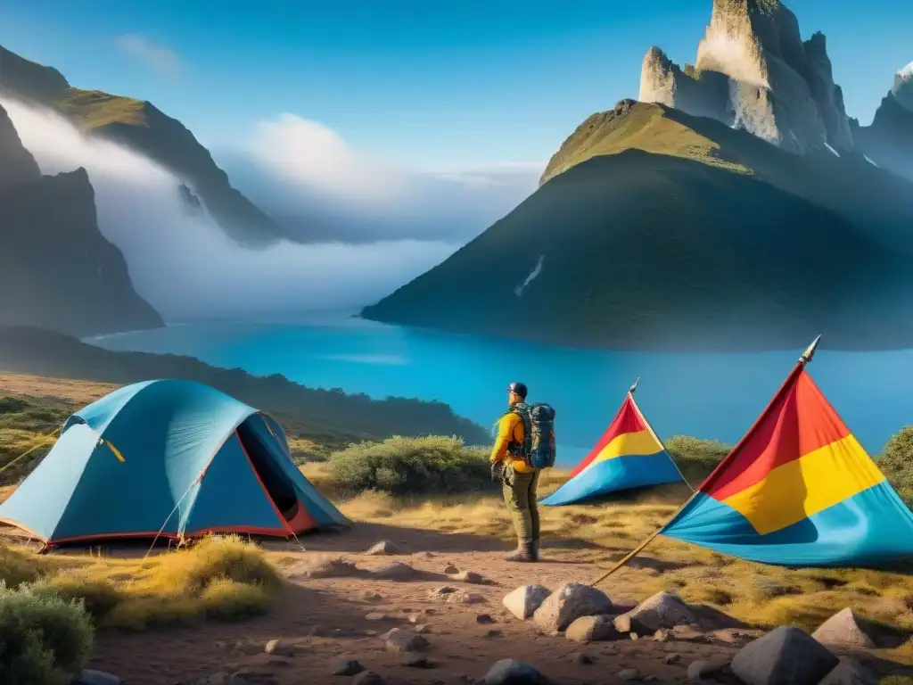 Grupo de campistas en apuros agitando banderas de colores brillantes en un paisaje uruguayo desolado