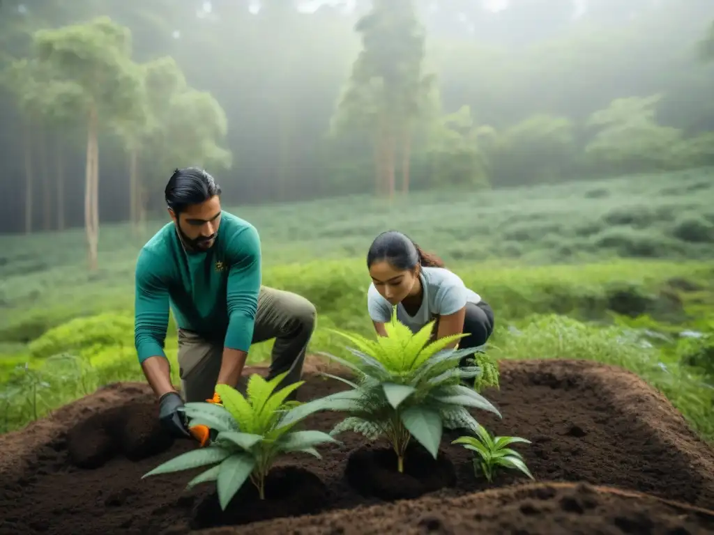 Un grupo de campistas planta árboles en un bosque exuberante de Uruguay, mostrando el impacto de la reforestación en camping