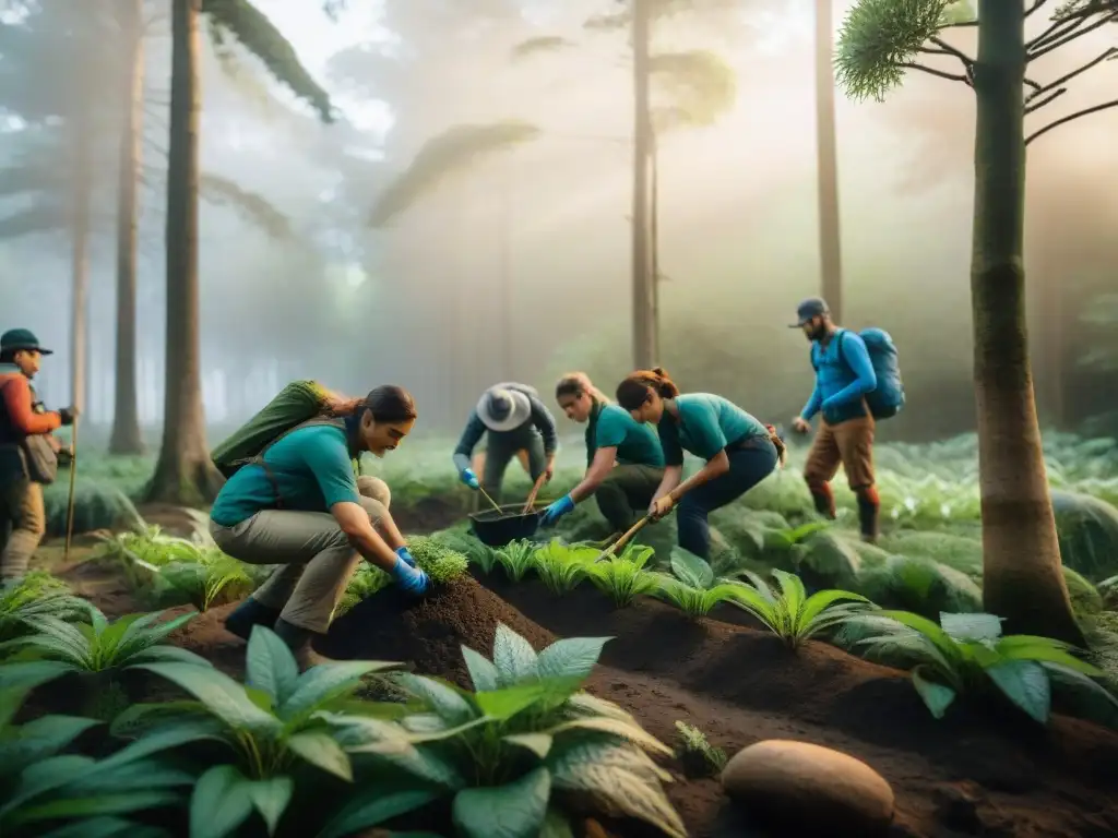 Grupo de campistas en Uruguay plantando árboles nativos en el bosque