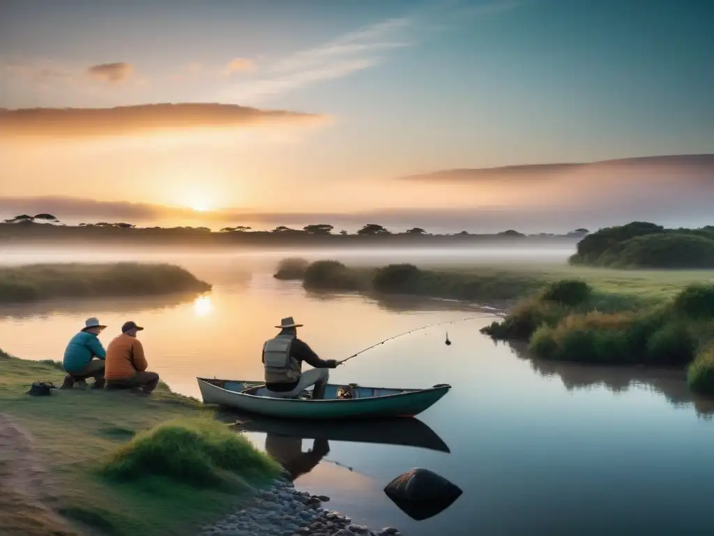 Grupo de campistas pescando al atardecer en un río de Uruguay, mostrando técnicas de pesca para camping en Uruguay