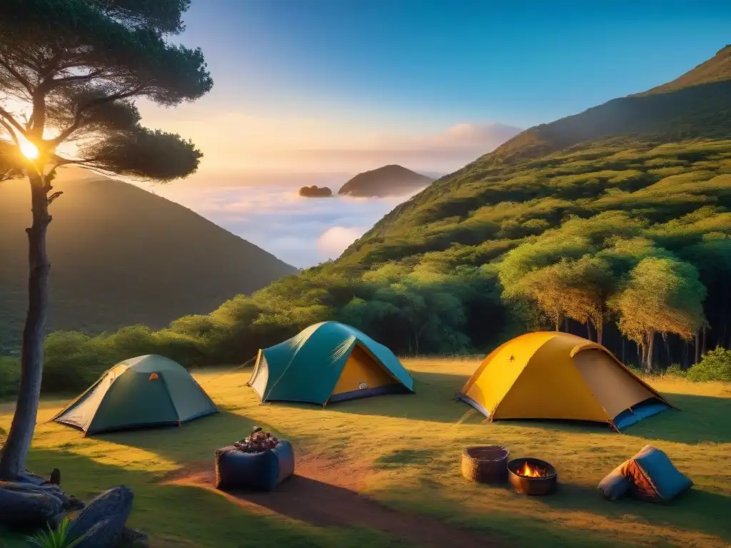 Grupo de campistas aventureros disfrutando de un campamento entre la exuberante naturaleza de Uruguay al atardecer