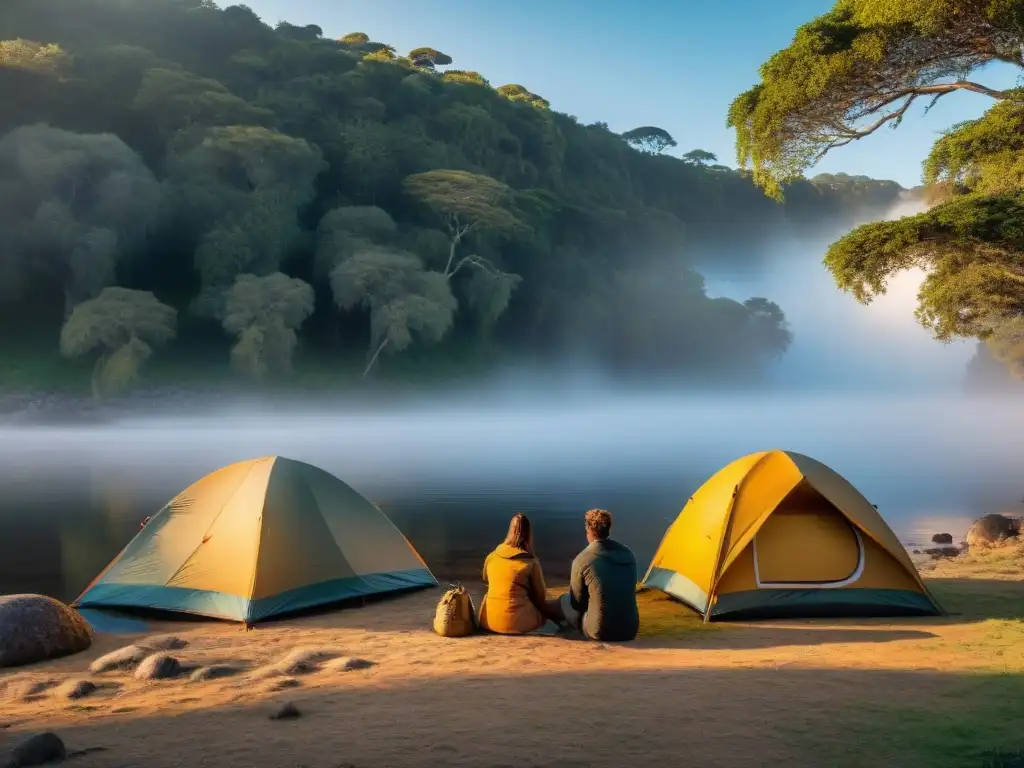 Un grupo de campistas aventureros montando una tienda de campaña en el exuberante paisaje de Uruguay con equipo de camping