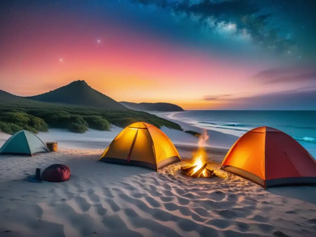 Grupo de campistas aventureros preparando tiendas de colores en la playa de Uruguay al atardecer