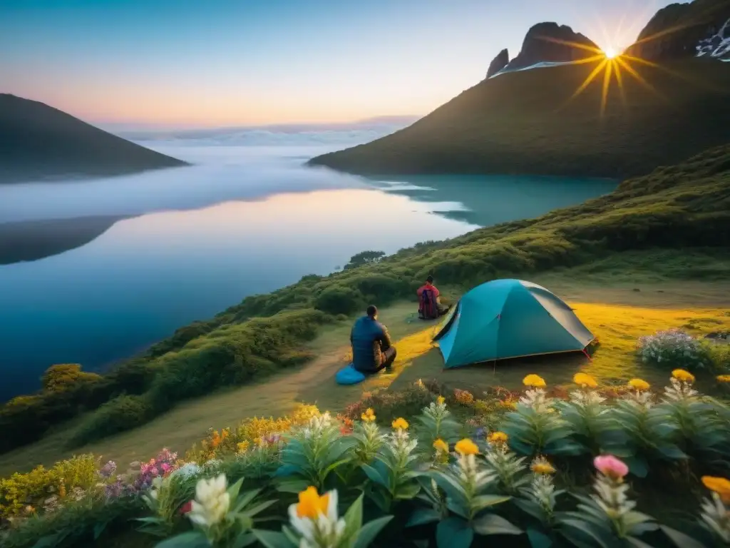 Grupo de campistas aventureros montando tiendas junto al lago en Uruguay al atardecer, rodeados de naturaleza exuberante y flores silvestres