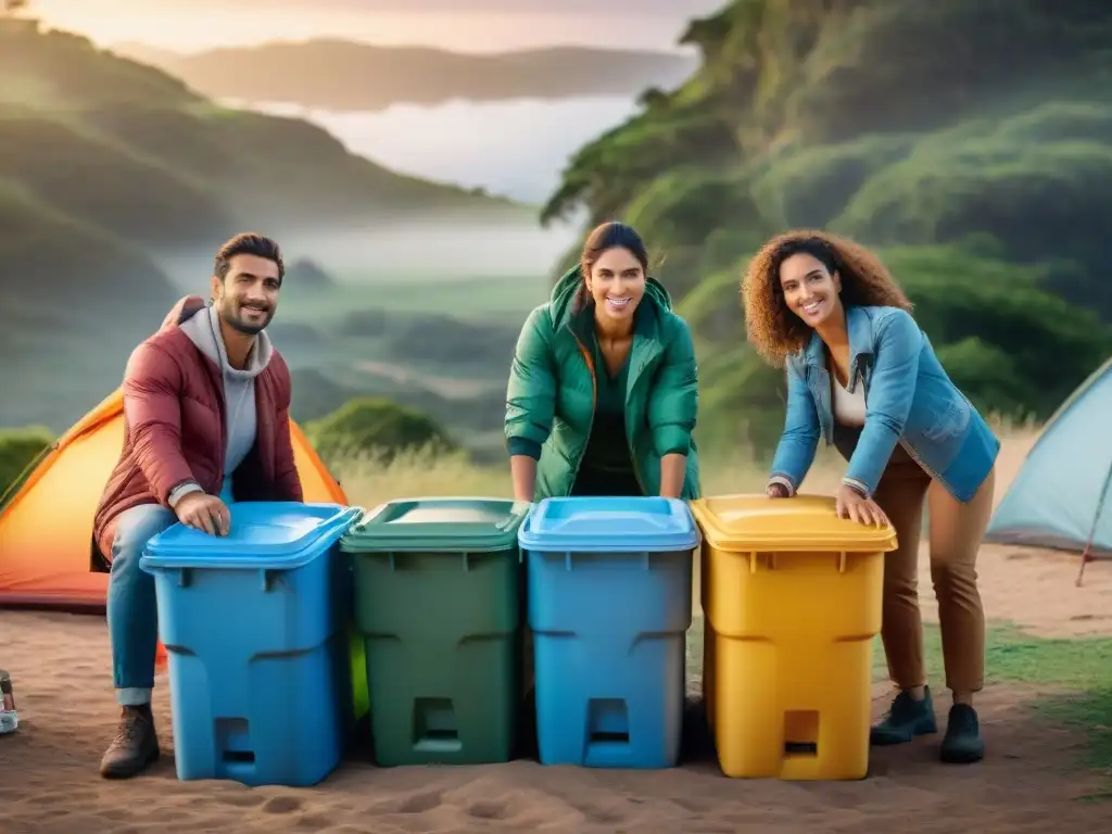 Grupo de campistas en Uruguay clasificando basura en acampada ecoconsciente al atardecer