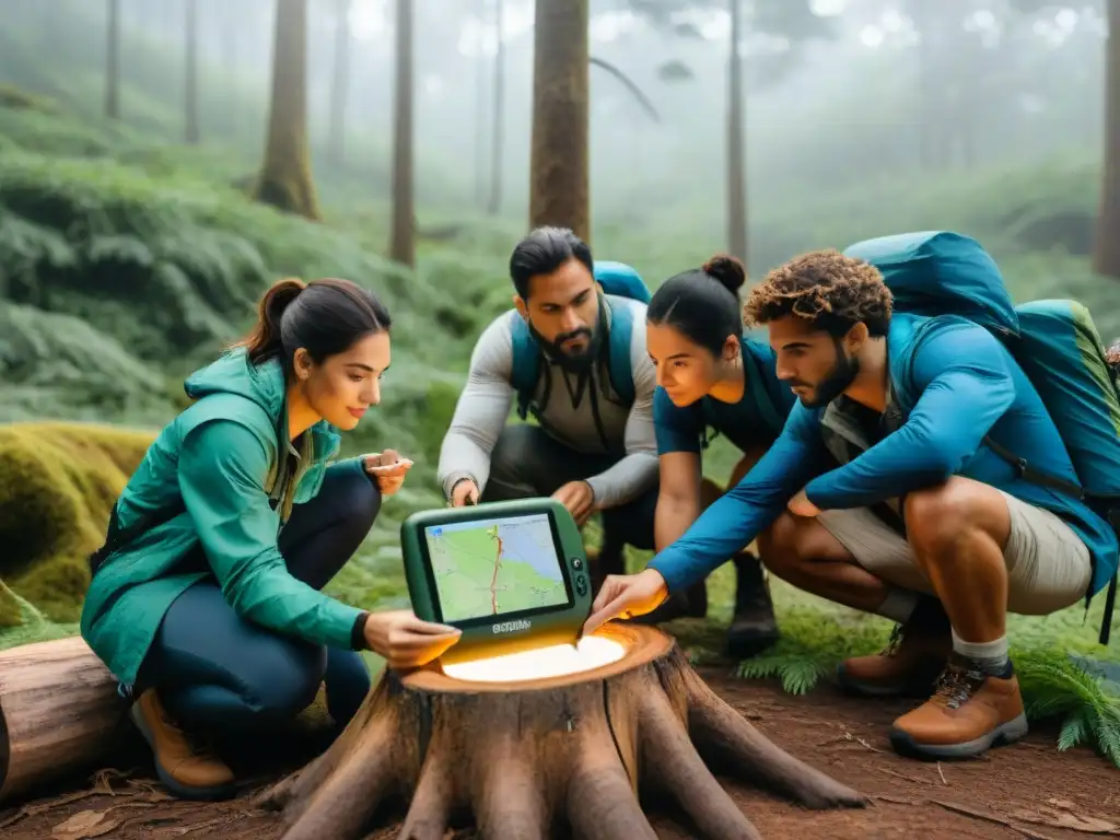 Grupo de campistas en el bosque, concentrados en un GPS y mapa, planificando su ruta con entusiasmo