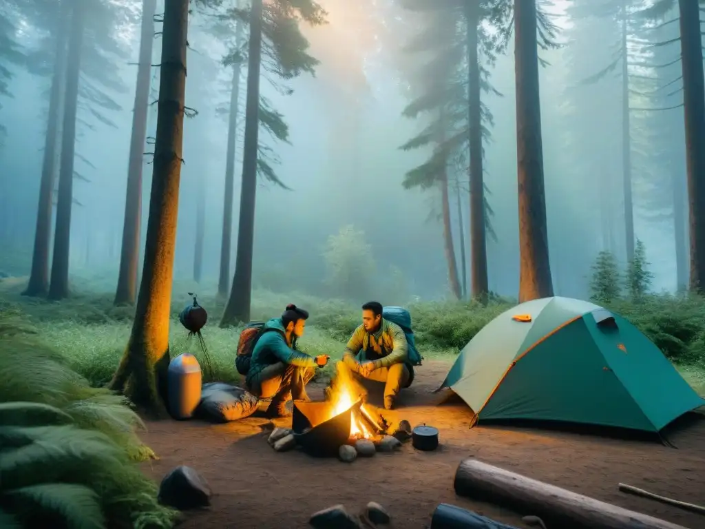 Grupo de campistas en un bosque luciendo ropa técnica protección UV campismo, disfrutando de la naturaleza y actividades al aire libre