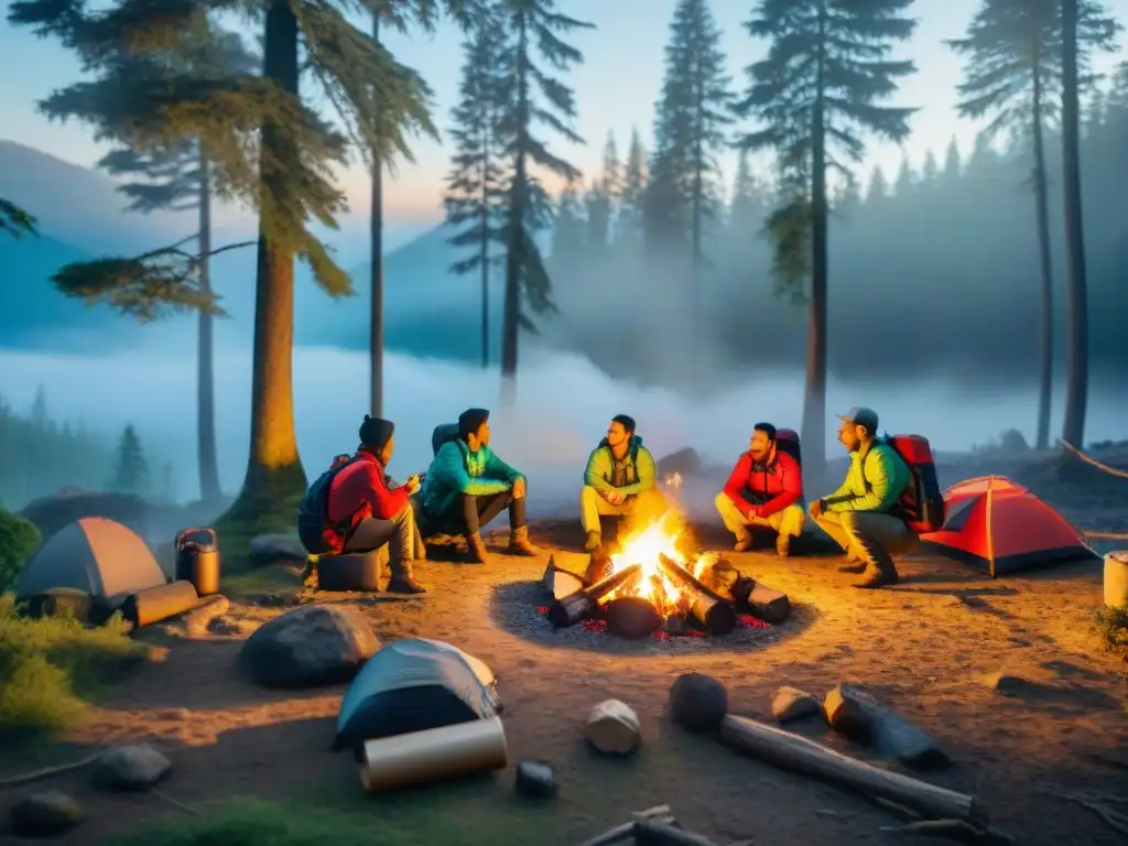 Grupo de campistas en el bosque con silbatos de emergencia, resaltando la seguridad en camping