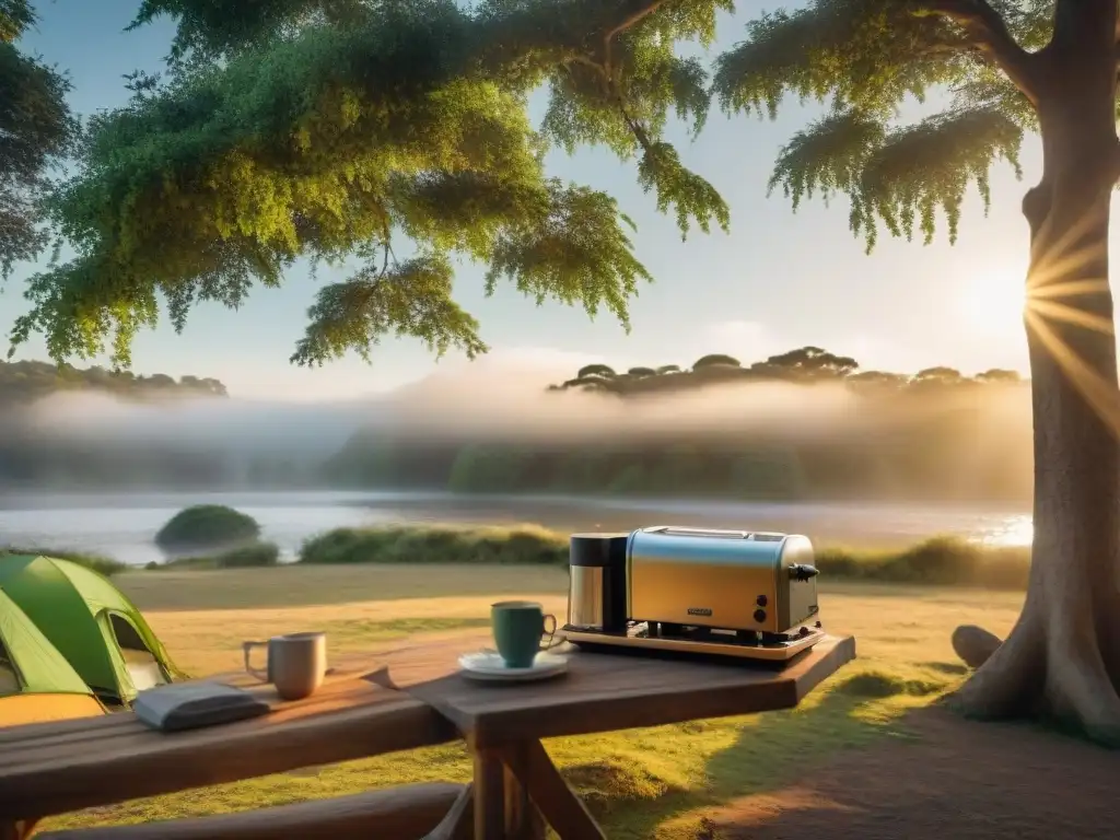 Grupo de campistas en Uruguay al amanecer con cafeteras portátiles para camping