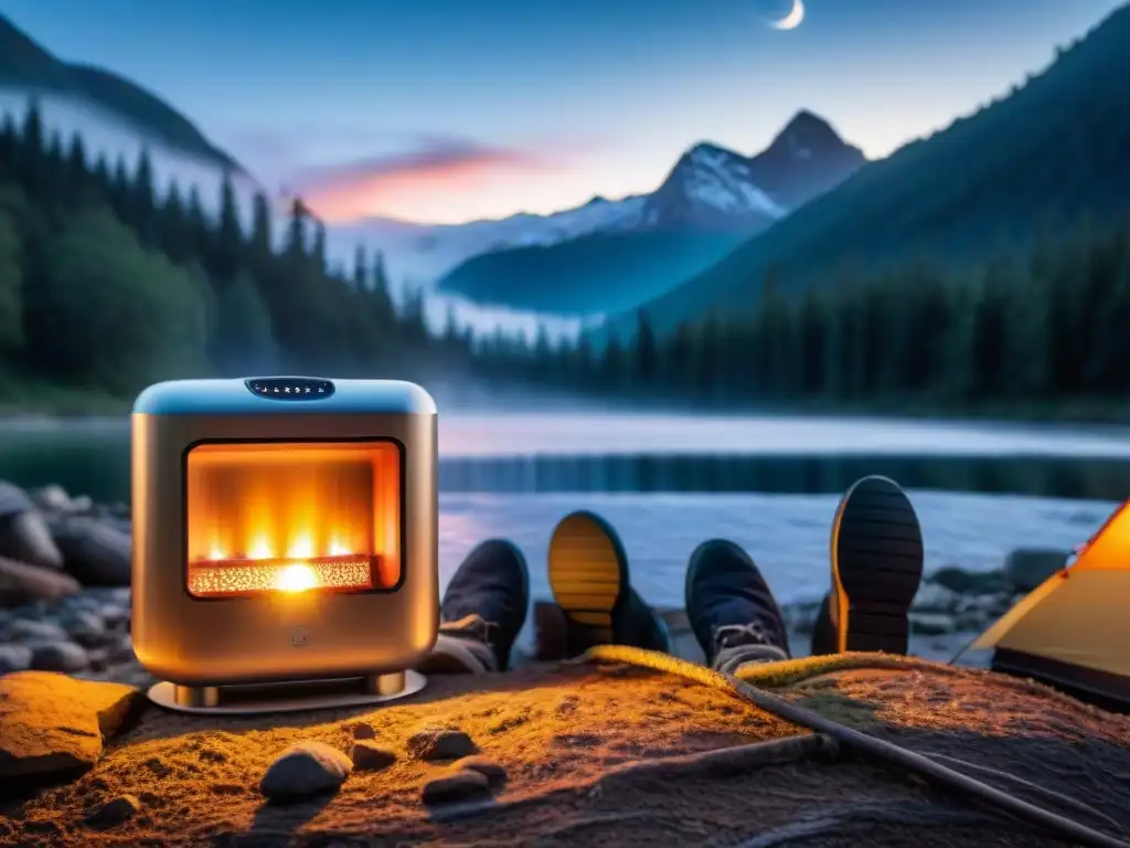 Un grupo de campistas disfruta de la calidez de un calentador portátil para camping nocturno bajo un cielo estrellado en el bosque