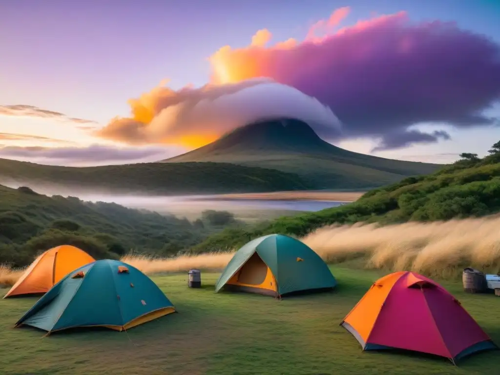 Grupo de campistas en Uruguay montando campamento al atardecer junto al río, bajo cielo naranja, rosa y morado