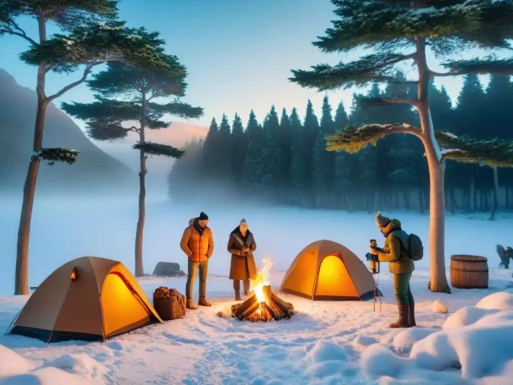 Grupo de campistas montando un campamento de invierno en Uruguay, rodeados de árboles nevados y un paisaje invernal sereno