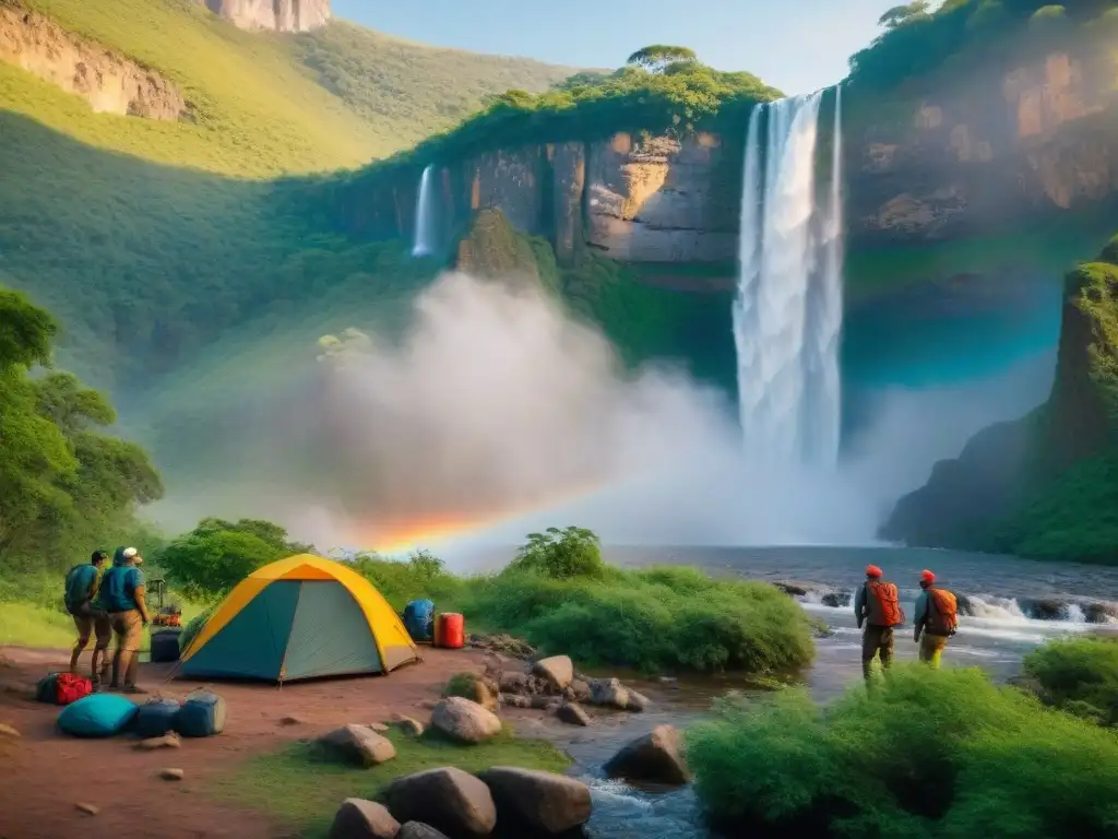 Un grupo de campistas preparando su campamento frente al majestuoso Salto del Penitente al atardecer