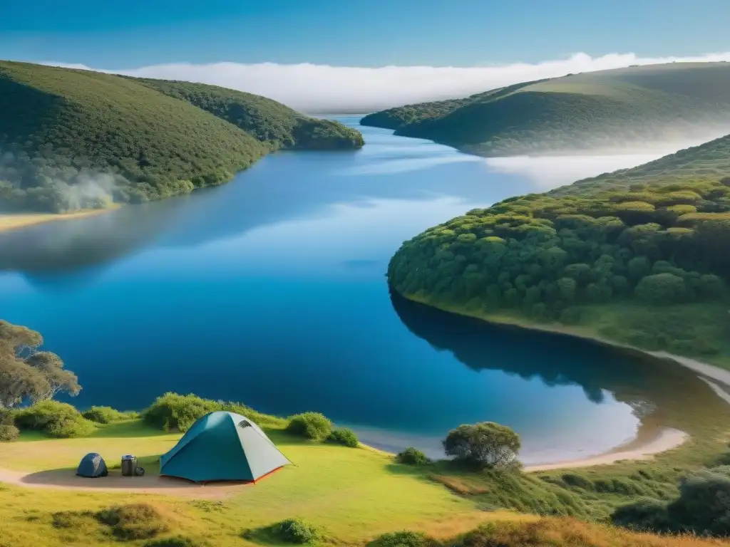 Grupo de campistas organizando campamento seguro cerca de agua en Uruguay