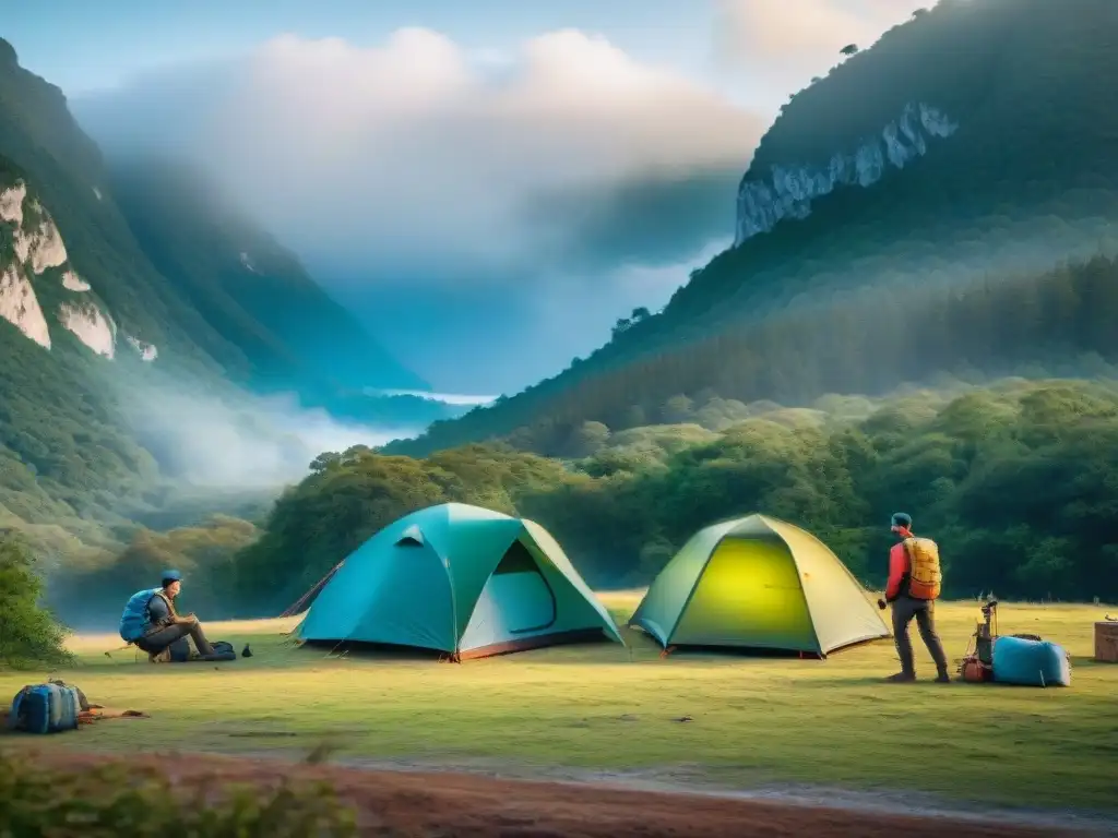 Grupo de campistas en Uruguay montando un campamento seguro en medio de un bosque verde, practicando medidas de seguridad en el camping