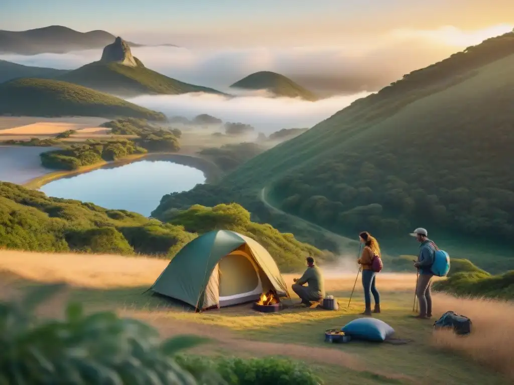 Grupo de campistas en Uruguay montando un campamento seguro al atardecer, en medio de paisajes naturales pintorescos