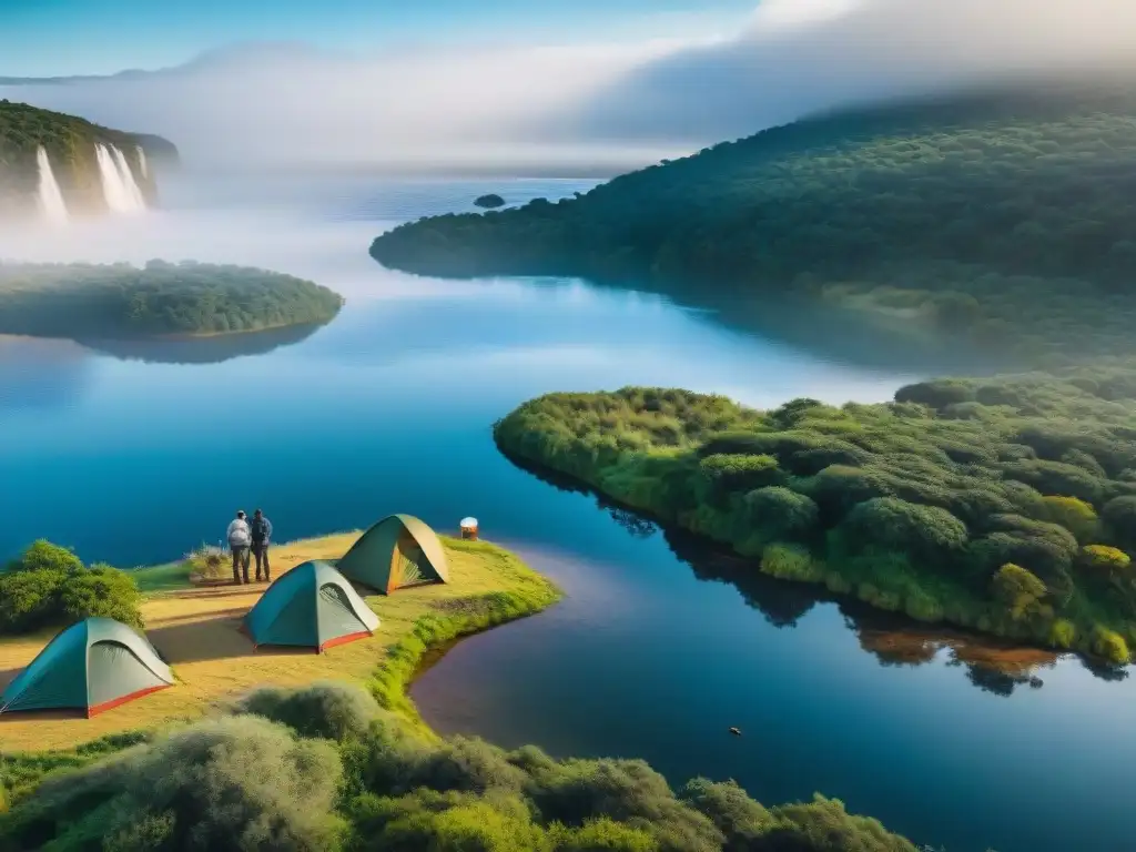 Grupo de campistas montando un campamento seguro cerca del agua en Uruguay, siguiendo consejos acampar seguro cerca agua Uruguay