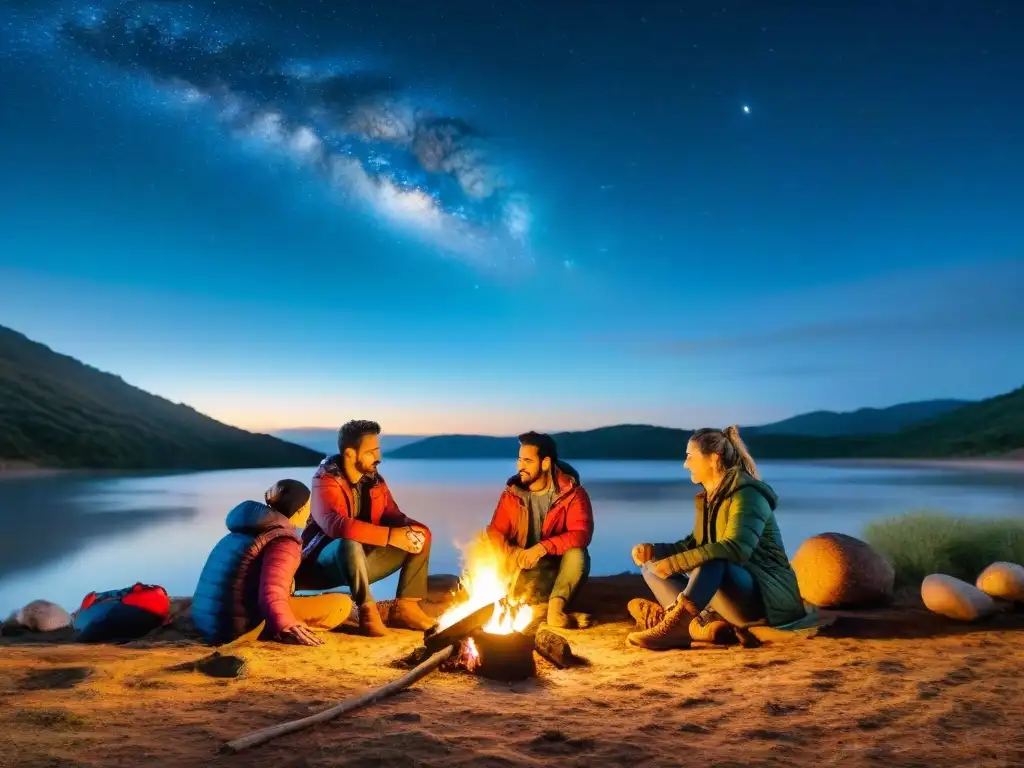 Grupo de campistas disfrutando de un campamento sostenible en Uruguay con equipos ecoamigables bajo un cielo estrellado